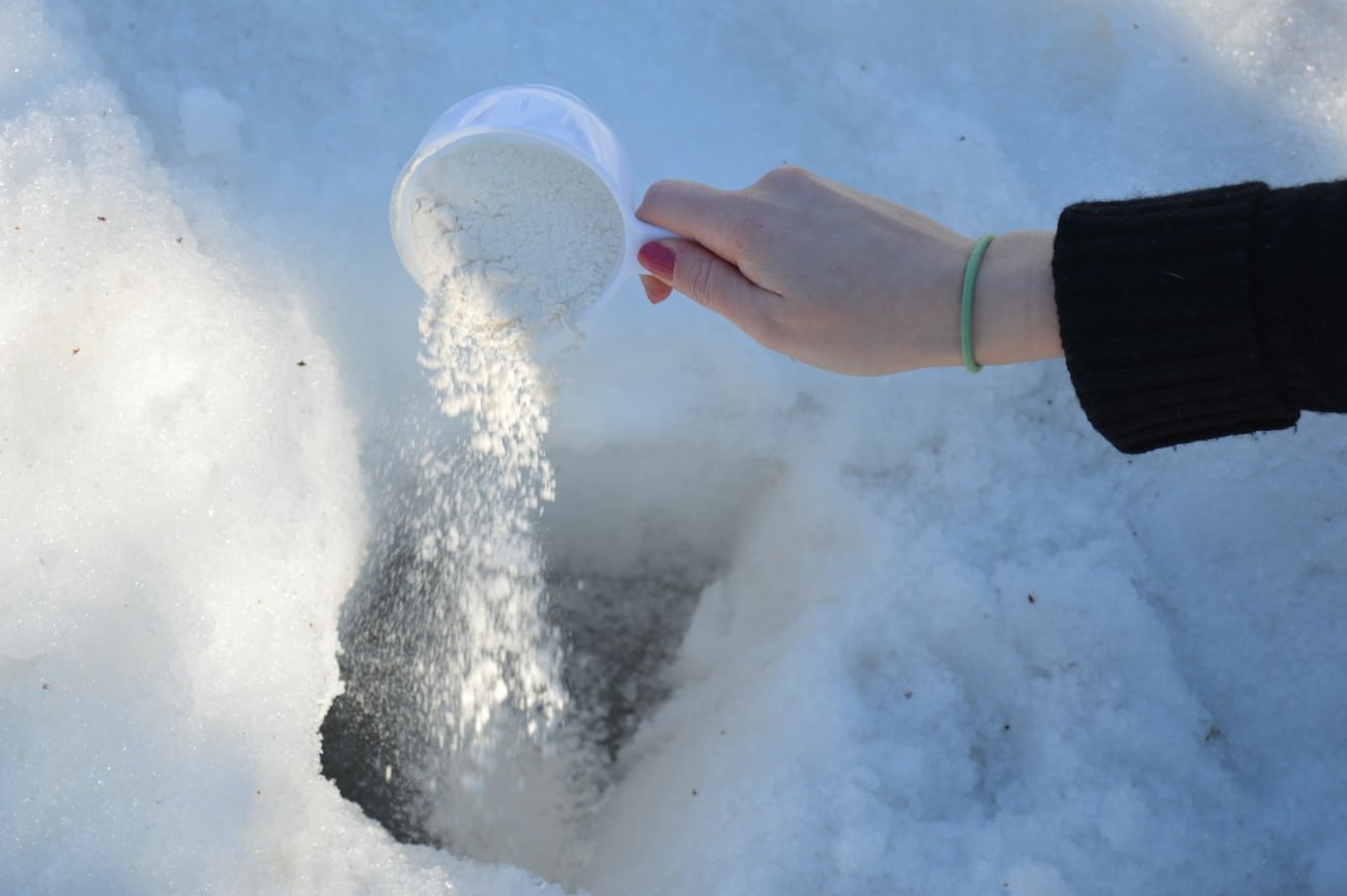 Steve Giasson. Performance invisible n° 86 (Répandre de la farine sous la neige).
Performeuse : Alice Mailhot. Crédit photographique : Chantal Houle. 12 mars 2016.