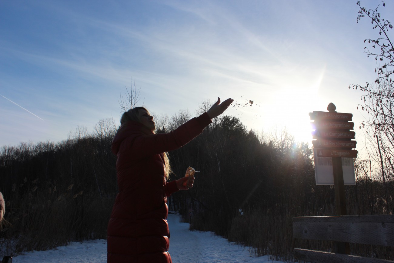 Steve Giasson. Performance invisible n° 4 (Perdre de l’or (dans les airs, dans la rue, dans l’eau).)
Performeuse : Brigitte Desroches. Crédit photographique : Frédéric Martin. Mascouche. 13 mars 2016.