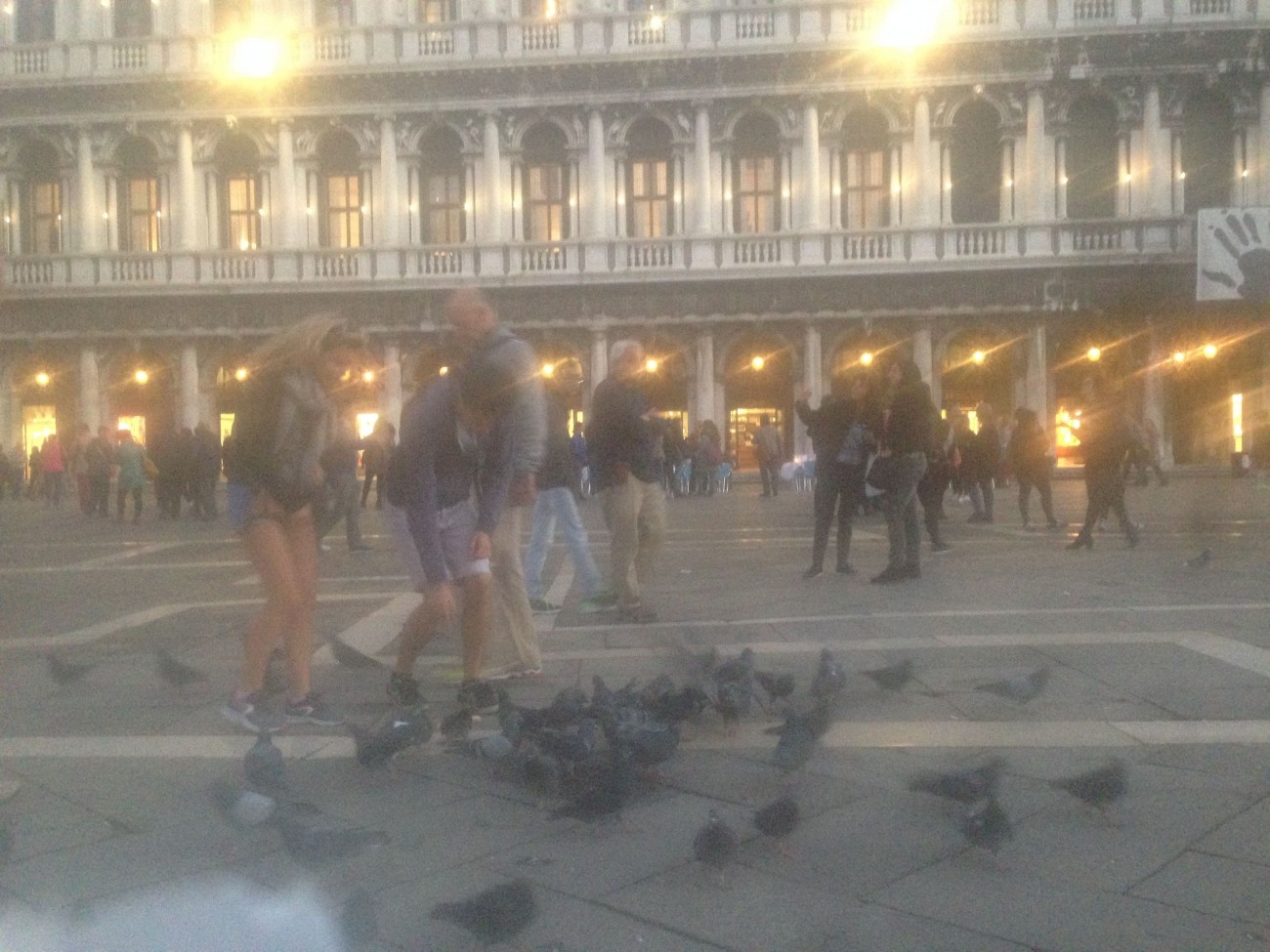 Performance invisible n° 124 (Nourrir des pigeons avec de la brioche). D'après Mladen Stilinović. Cakes. 1994. D'après Mladen Stilinović. For Marie Antoinette. 1998. D'après Maurizio Cattelan, Turisti, 1997. 56. Esposizione Internazionale d’Arte. Biennale di Venezia 2015. Piazza San Marco, Venise.  Performeurs : Anonymes. Crédit photographique : Patrice Loubier.