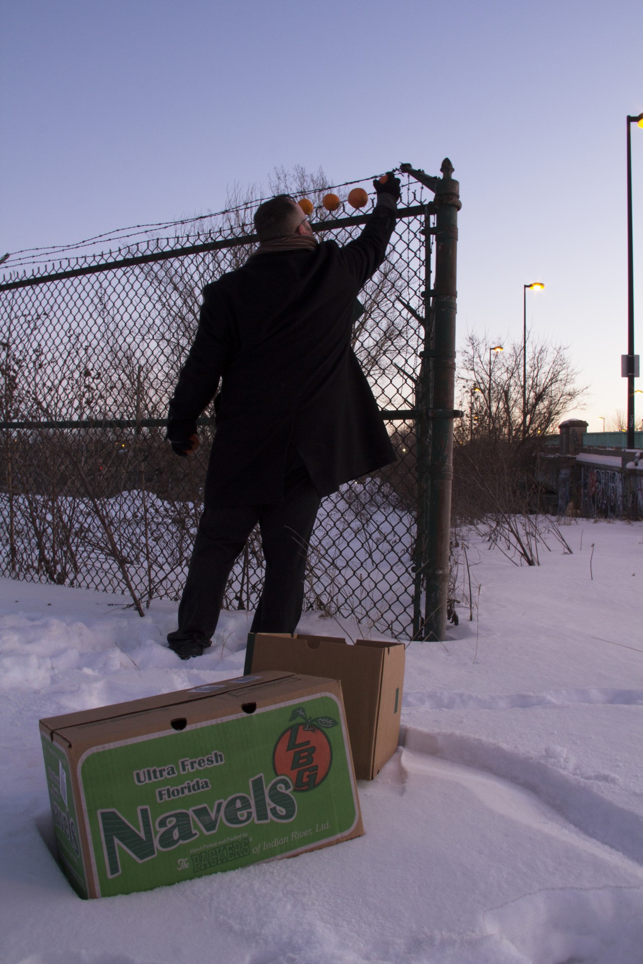 Steve Giasson. Performance invisible n° 79 (Aligner discrètement plusieurs objets quelconques quasiment identiques). Performeur : Steve Giasson. Crédit photographique : Daniel Roy. 23 janvier 2016. 