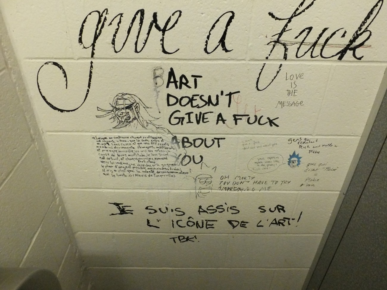 Steve Giasson. Performance invisible n° 71 (Écrire sur le mur d’une toilette publique d’une université une réponse à un problème philosophique présumé).
Extrait d'Alexis de Tocqueville. De la Démocratie en Amérique II.  Université du Québec à Montréal, Montréal. Performeur : Edmond Rochette Pelletier. Crédit photographique : Edmond Rochette Pelletier. 8 mars 2018.