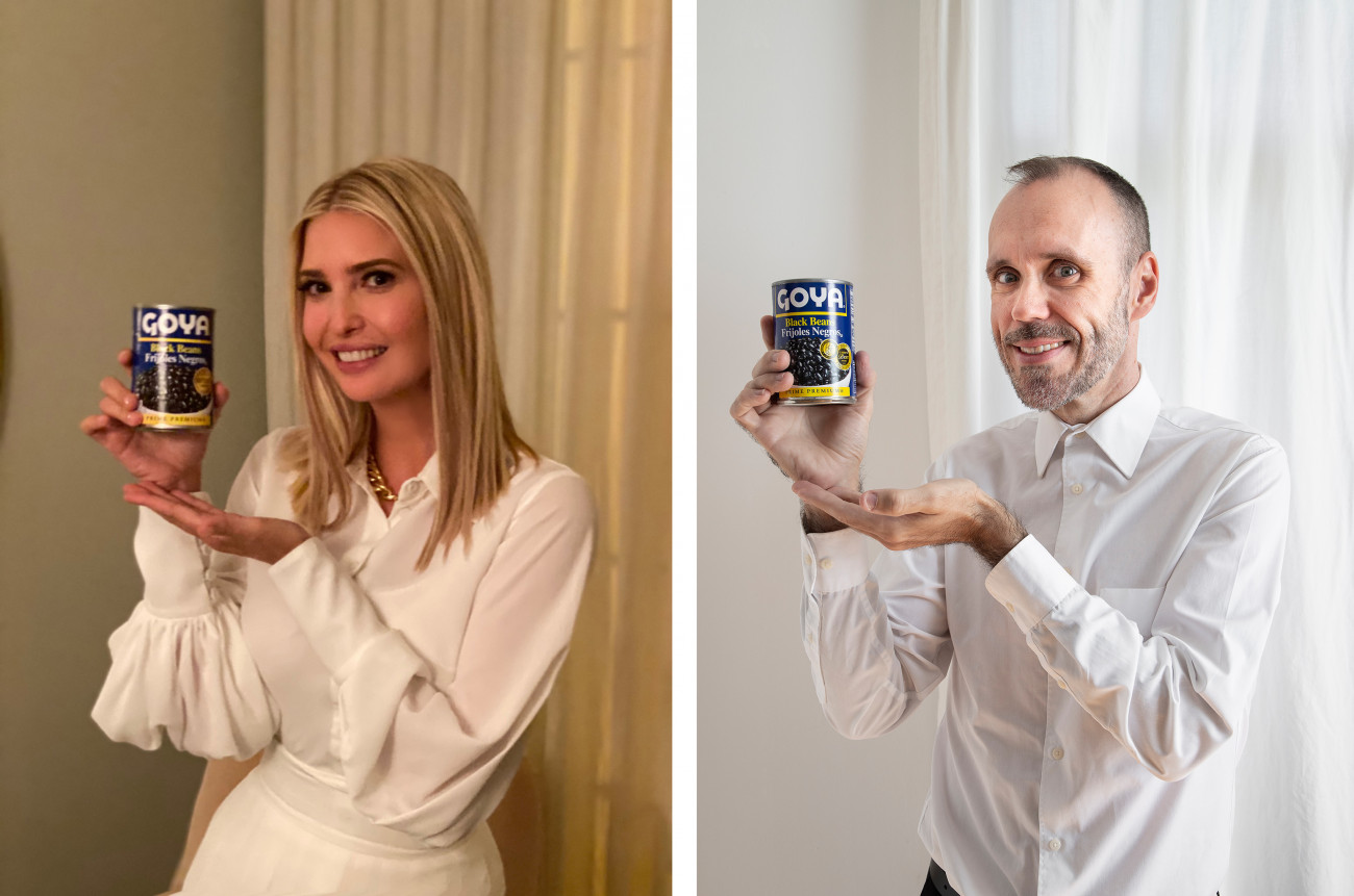 Steve Giasson. Performance invisible n&deg;186 (Savoir se vendre). Reenactment de&nbsp;Ivanka Trump. If it&rsquo;s Goya, it has to be good. / Si es Goya, tiene que ser bueno. Twitter. 14 juillet 2020. Performeur : Steve Giasson. Cr&eacute;dit photographique : Martin Vinette. Retouches photographiques : Daniel Roy. 19 septembre 2020.