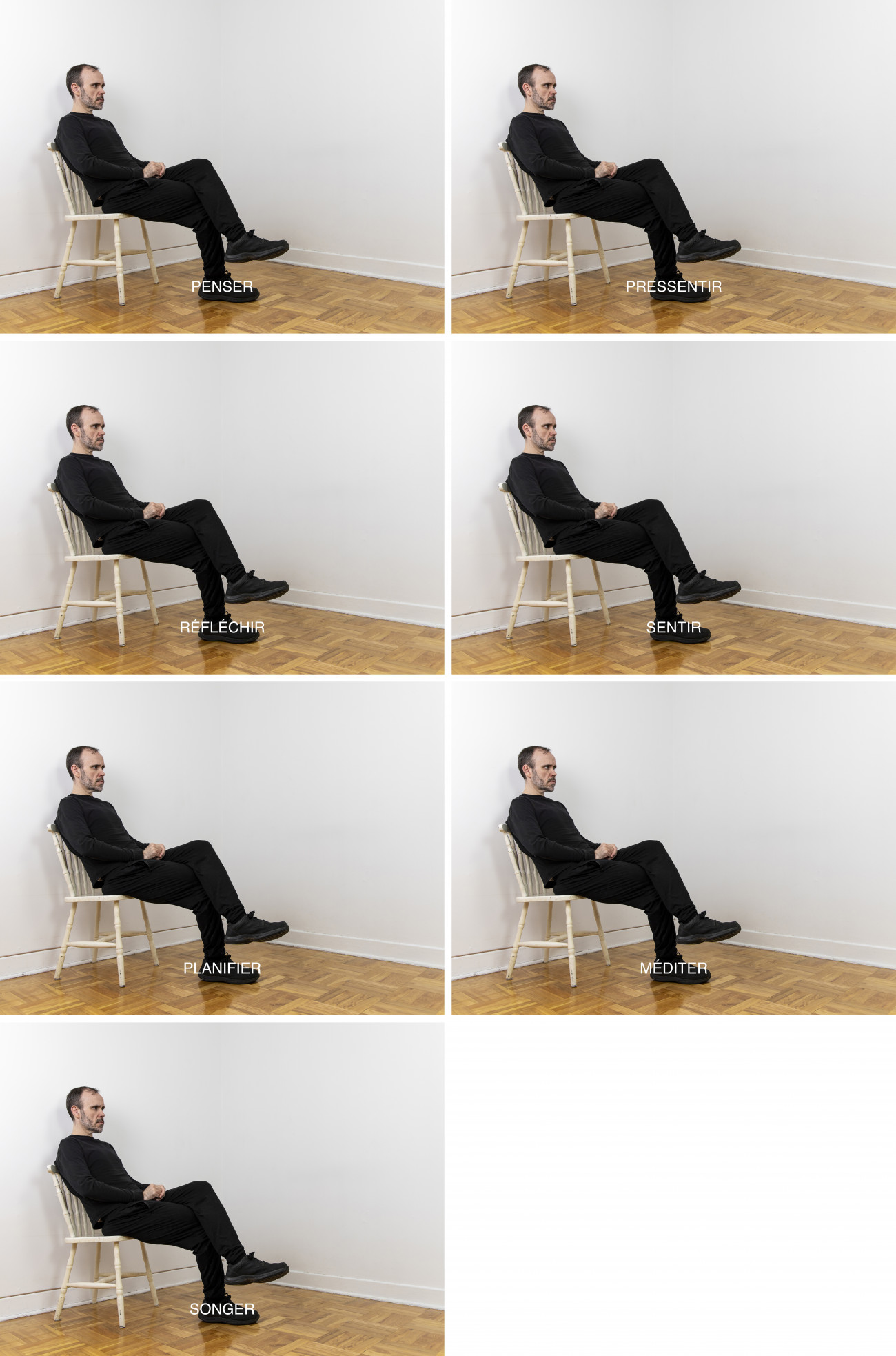 Steve Giasson. Performance invisible n&deg; 227 (Penser pour rien / Ruminer en vain). Reenactment de N.E. Thing Co. Inactive Verbs. 1969. Performeur : Steve Giasson. Cr&eacute;dit photographique : Martin Vinette. Retouches photographiques : Daniel Roy. 3 f&eacute;vrier 2021.

