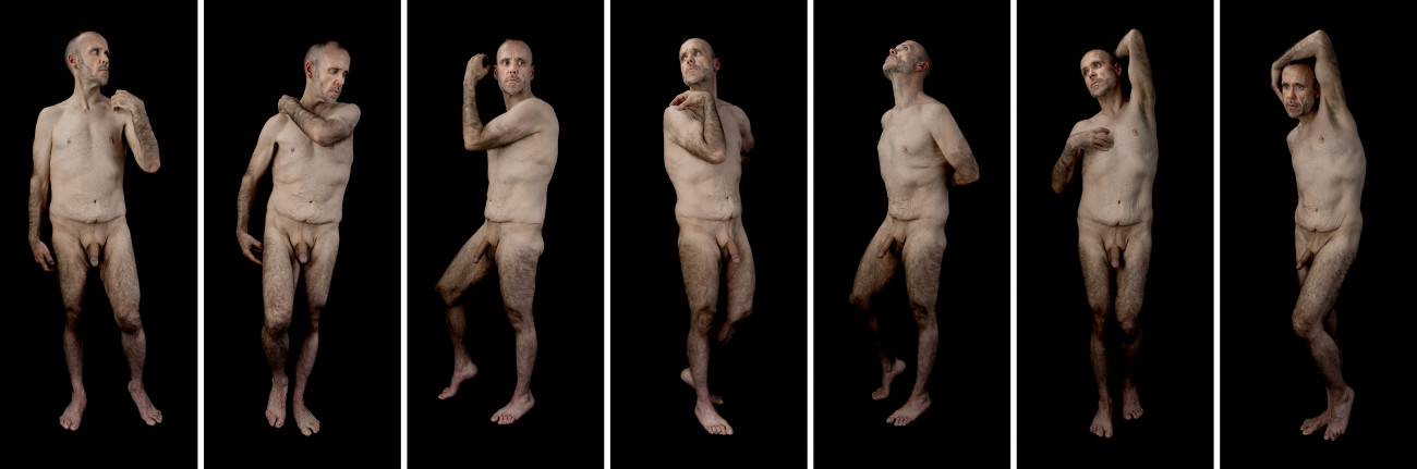 Steve Giasson. Performance invisible n&deg; 246 (Finir mal (ou Adopter la posture des Esclaves de Michel-Ange)). Reenactment de Luigi Ontani. David d'apr&egrave;s Michelangelo. 1970. D&rsquo;apr&egrave;s Michel-Ange [Michelangelo di Lodovico Buonarroti Simoni, dit]. David. 1501-1504. D&rsquo;apr&egrave;s Michel-Ange. David-Apollo [Apollon ou David]. Vers 1530. D&rsquo;apr&egrave;s Michel-Ange. Schiavo detto "Atlante" [Atlas esclave]. 1530-1534. D&rsquo;apr&egrave;s Michel-Ange. Genio della Vittoria [G&eacute;nie de la Victoire]. 1532-1534. D&rsquo;apr&egrave;s Michel-Ange. Schiavo ribelle [Esclave rebelle]. 1513-1516. D&rsquo;apr&egrave;s Michel-Ange. Schiavo morente [Esclave mourant]. 1513-1516. D&rsquo;apr&egrave;s Michel-Ange. Schiavo giovane [Jeune Esclave]. 1519-1536. Performeur : Steve Giasson. Cr&eacute;dit photographique : Martin Vinette. Retouches photographiques : Daniel Roy. 22 avril 2021.